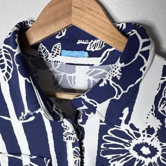 J McLaughlin Navy Floral Shirt Dress Sz M / L Belted Catalina Career Office READ - Picture 4 of 12